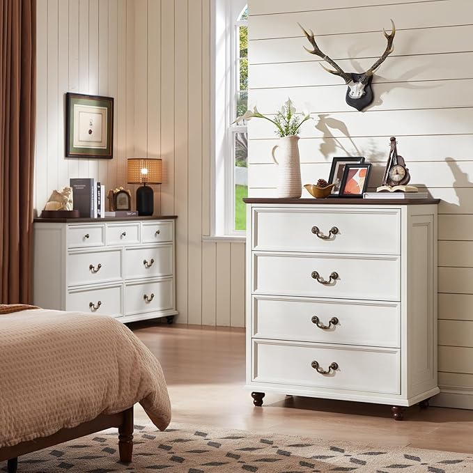 24" Wide Farmhouse Nightstand Set of 2, 37" Tall Rustic Chests of Drawers w/ 4 Solid Wood Feet, Farmhouse Furniture Series for Living Room,Bedroom,White