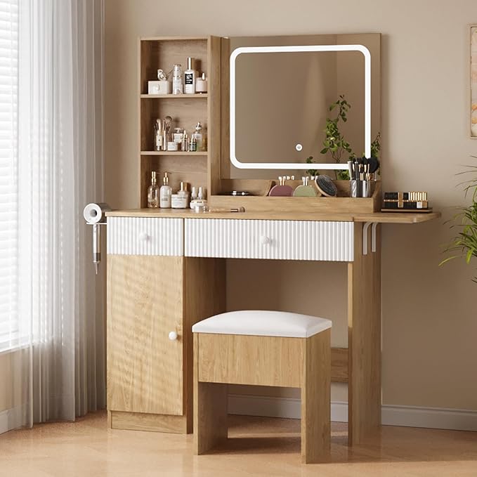 Vanity Desk with Mirror and Lights, Pink Makeup Vanity with Charging Station, Dressing Table Set with Storage Chair, Drawer Shelves, and Foldable Panel for Compact Space Bedroom (Nature Wood)