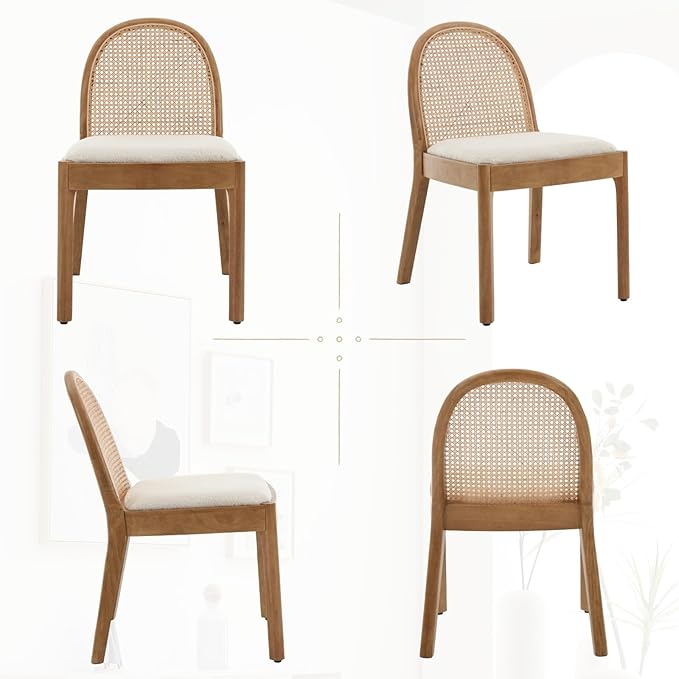 HEAH-YO Rattan Dining Chairs Set of 4, Upholstered Sherpa Dining Room Chairs with Backrests, Modern Kitchen Chairs with Wood Legs for Dining Room, White