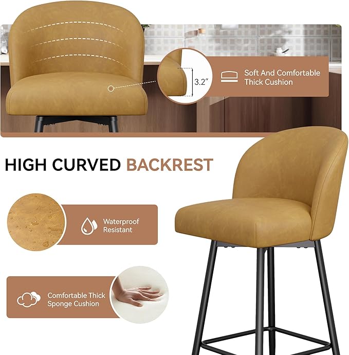 Counter Height Bar Stools Set of 4,360° Swivel Barstools with High Back and Metal Legs,26" Seat Height, Upholstered PU Leather Bar Chairs for Kitchen Island, Dining Room,Cafes,Yellow