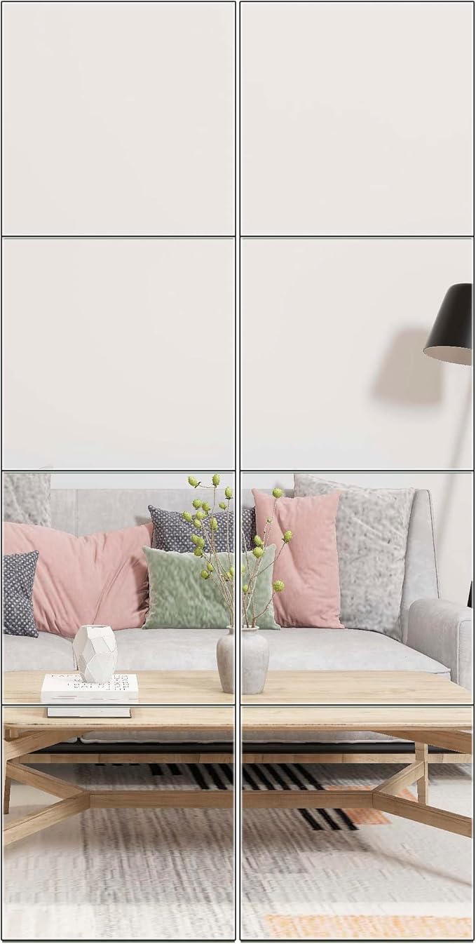 Ruomeng Full Length Mirror Tiles - 12 Inch x 8Pcs Frameless Wall Mirror Full Body Mirror for Home Gym Vanity Bedroom, Living Room