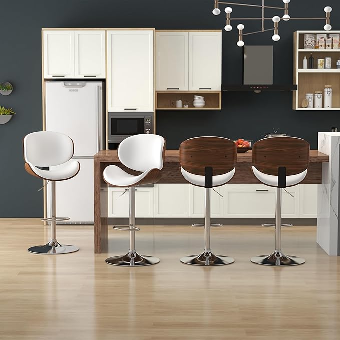 KCC Bar Stools Set of 2, Swivel Adjustable Height Barstools, PU Leather Upholstered Bar Chairs with Footrest, Bentwood Bar Stool for Kitchen, Bar, Dining Room(White PU)