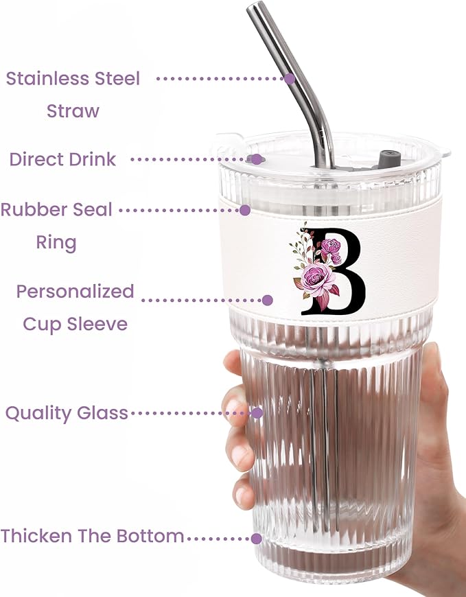 Alphabet Glass Cup with Lid Straw Ice Tea Ribbed Coffee Matcha Latte Clear Tumbler Cute Women Wife Wifey Girlfriend Gf Romantic Personalized Valentines Custom Funny Anniversary Special Day Gift B