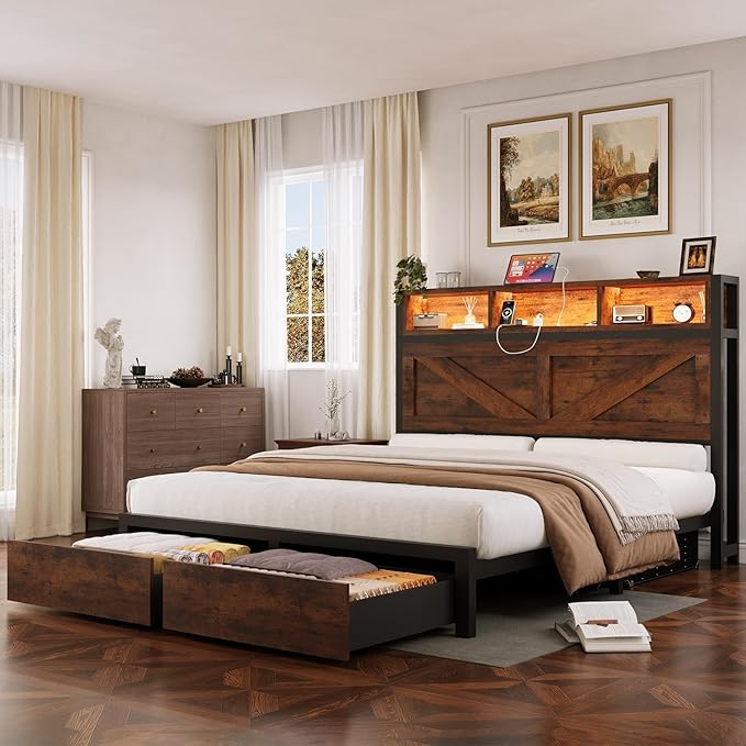 Farmhouse Full Bed Frame with Bookcase Storage Headboard, Charging Station, LED Light and 2 Storage Drawers, Noise Free, No Box Spring Needed, Brown