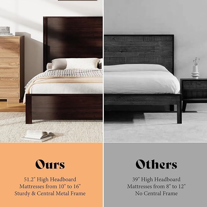 AMERLIFE Queen Size Bed Frame with 51.2" Spliced Headboard, Rustic Bedframe Wood Platform Bed/Wood Slats Support, No Box Spring Needed, Noiseless, Dark Brown