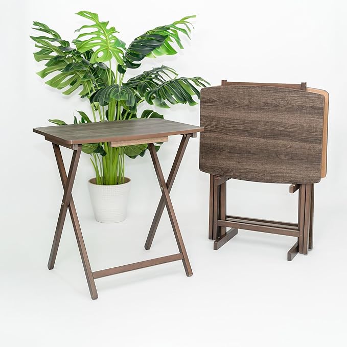 PJ Wood 5 Pack XL Oversize Tray Table for Living Room or Kitchen, Indoor TV Tray for Small Spaces and Family Gatherings, Rustic Espresso