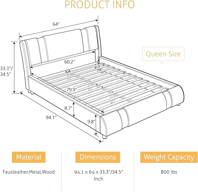 SHA CERLIN Queen Platform Bed Frame with Iron Pieces Decor and Adjustable Headboard/Deluxe Upholstered Modern Bed with Solid Wooden Slats Support/No Box Spring Needed, White with Black Sides