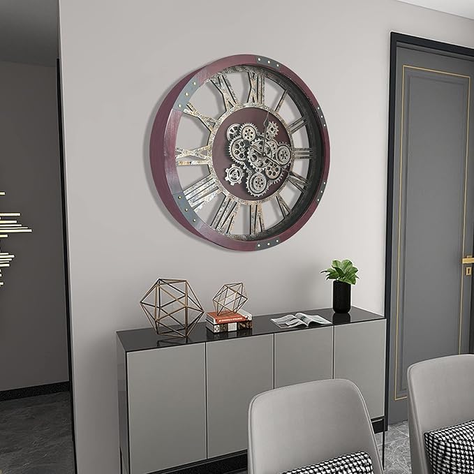 DORBOKER 36" Original Moving Gears Wall Clock, Large Industrial Wall Clock for Living Room Decor,Oversized Wood Vintage Farmhouse Steampunk Rustic Clocks for Wall Decor,Cherry Red