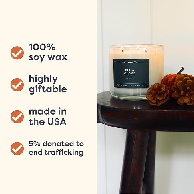 Calyan Wax Co. Fir & Clove 3 Wick Scented Candle - 43 Hour Burn - Luxury 3 Wick Soy Candles - Non Toxic Soy Wax Candles - Long Lasting Large Glass Jar Candle for Home - 14.9oz