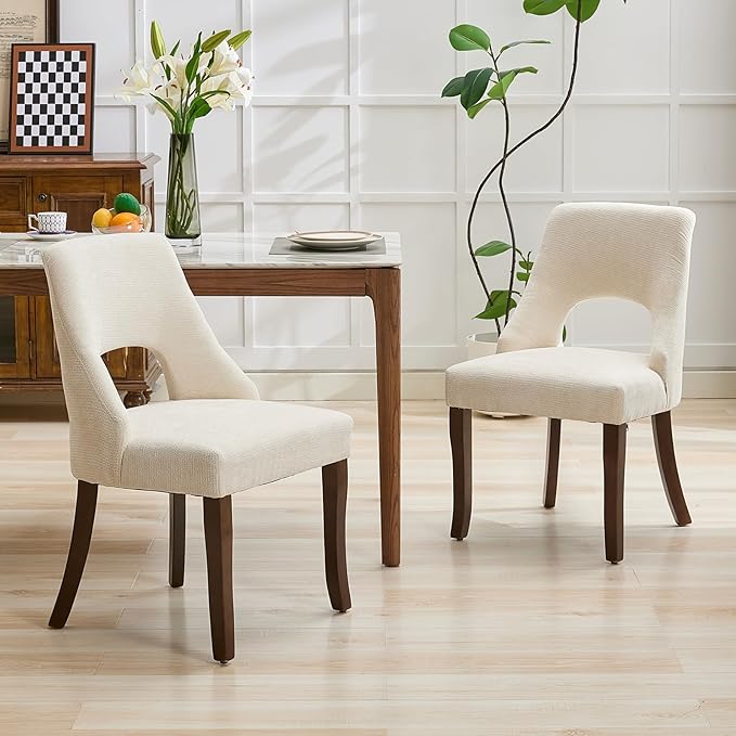 UVV Wooden Dining Chairs Set of 4, Mid Century Modern Fabric Upholstered Dining Room Chair Kitchen Chairs, Farmhouse Dinner Chair with Solid Wood Legs for Kitchen Dining Room, Beige