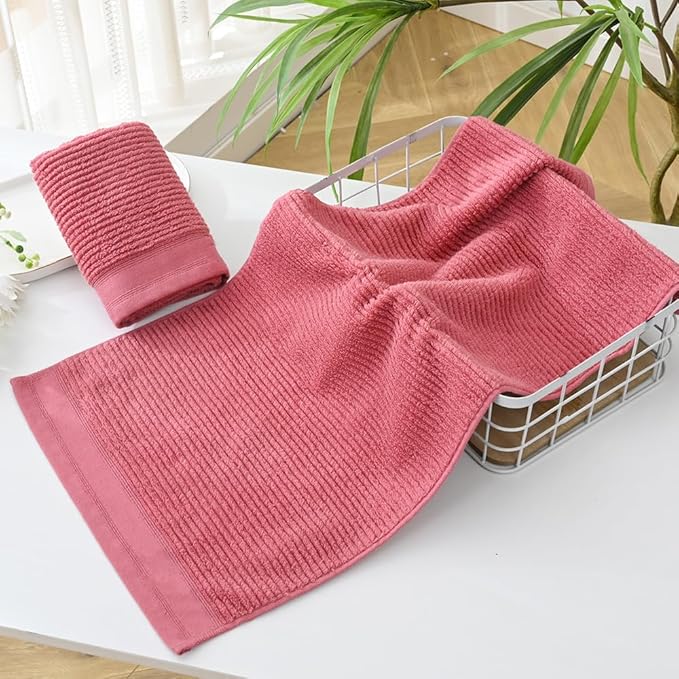 YiLUOMO Pink Hand Towel Set of 2 Ribbed Striped 100% Cotton Quick Dry Soft and Absorbent Bathroom Decorative Hand Towel 13 x 29 Inch