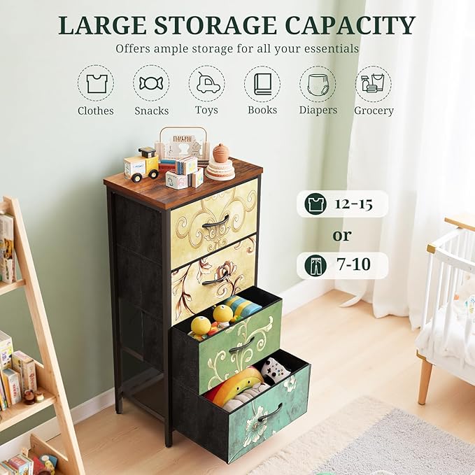 Nightstand, 4 Drawer Dresser End Table Bedside Furniture with Wooden Top Steel Frame Fabric Bins for Bedroom, Closet, Entryway, Dorm, Living Room, Floral Painted