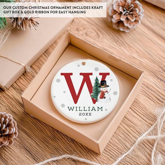 Andaz Press Personalized Christmas Ornament, Custom Name, Initial W Monogram Snowman 2.8" Ceramic Porcelain 2025 Christmas Ornament Keepsake for Kids, Boys, Girls, Initial Ornaments, 1-Pack
