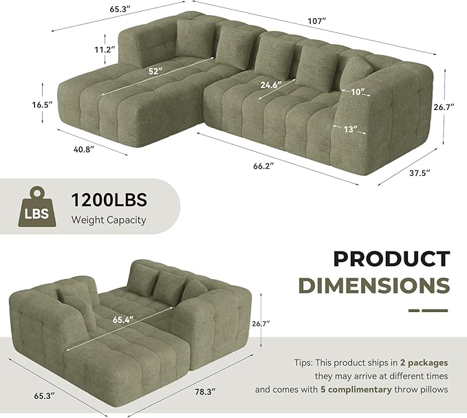 107" Modern Boneless Couch with L - Shaped Chaise, Comfy Chenille Modular Sectional Sofa with Tufted Design, Deep Seat Upholstered Sofa Bed, No - Assembly Sectional Couch, Green