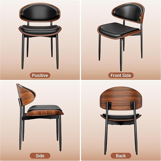 Dining Chairs Set of 8, Dining Room and Kitchen Chairs, Mid Century Modern Retro Chair, Upholstered PU Leather Chairs for Vanity with Walnut Bentwood and Metal Legs (Black)
