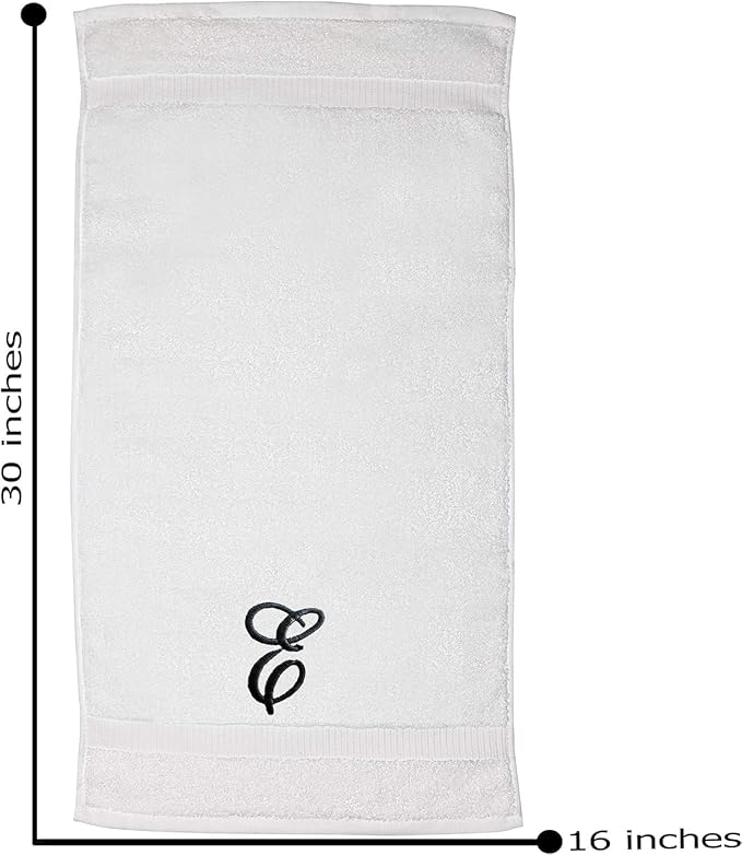White Monogrammed Hand Towels for Bathroom - Luxury Hotel Quality Personalized Initial Embroidered Towel for Powder Room, Spa - GOTS Organic Certified - Set of 2 Black Letter E