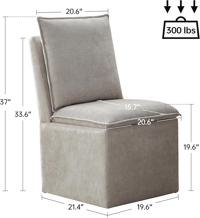 VKNOW Upholstered Dining Chairs Set of 4, Modern Rolling Chairs with Storage and Wheels, Linen Armless Chair with Cushion and Backrest, Dining Room Chairs for Living Room Kitchen Bedroom, Light Grey
