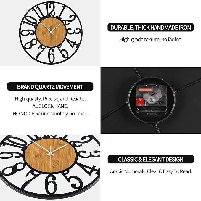 Large Wall Clock for Living Room Decor, 24 Inch Non Ticking Silent, Battery Operated Modern Vintage Oversized Wall Clock for Bedroom Kitchen
