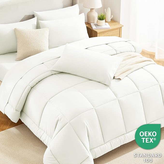 CozyLux Full Size Comforter Set Ivory - 7 Pieces Bed in a Bag, Cream Off White Comforter Full Size, Bedding Sets with All Season Quilted Comforter, Flat Sheet, Fitted Sheet, Pillowcases