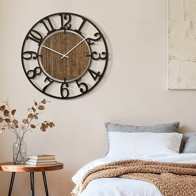 Large Wall Clocks, 24" Black Oversized Wall Clocks for Living Room by Battery Operated, Decorative Farmhouse Silent Walls Clock with Metal Arabic Number for Office, Classroom, Bedroom