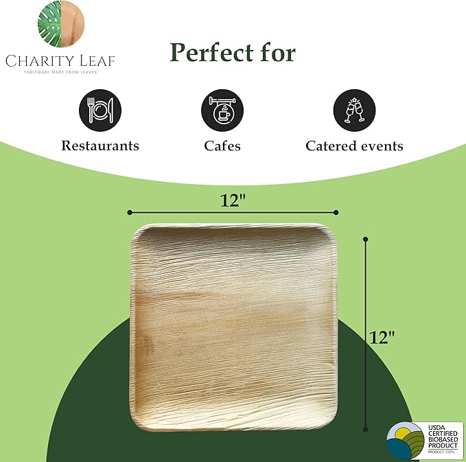 Charity Leaf Disposable Palm Leaf 12" Square Plates (25 pieces) Bamboo Like Serving Platters, Disposable Boards, Eco-Friendly Dinnerware For Weddings, Catering, Events