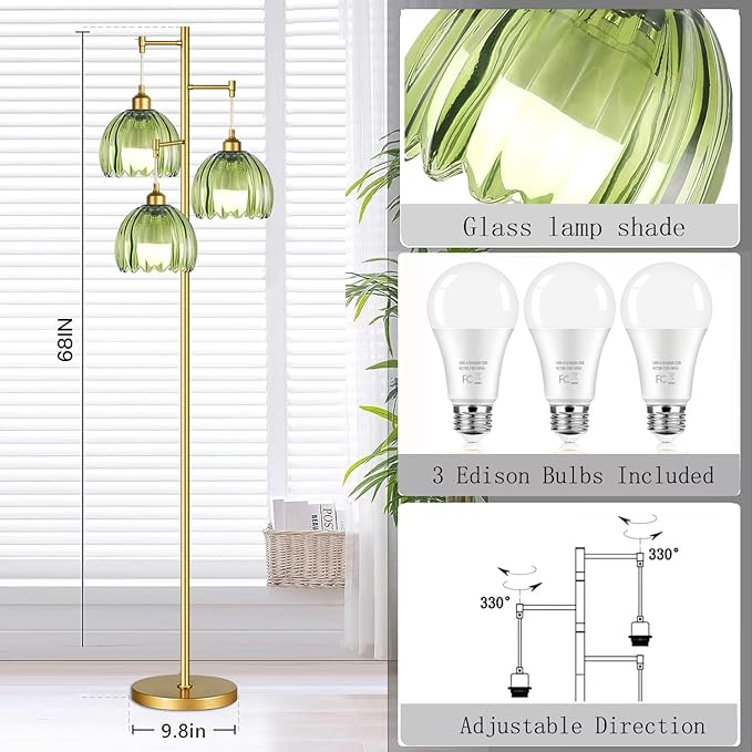 Vintage Floor Lamps for Living Room-3 Light Gold Floor Lamp with Three Bulbs & Glass Lampshape,Glass Mid Century Modern Standing Lamp Tree Tall Flower Floor Lamp for Bedroom Living Room,Corner