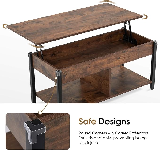 ivinta Lift Top Coffee Table with Storage, Modern Recangular Center Table with Wheels and 2 Rattan Folding Baskets, Rising Tabletop with Hidden Compartment for Living Room, 2177 (41.3", Dark Brown)