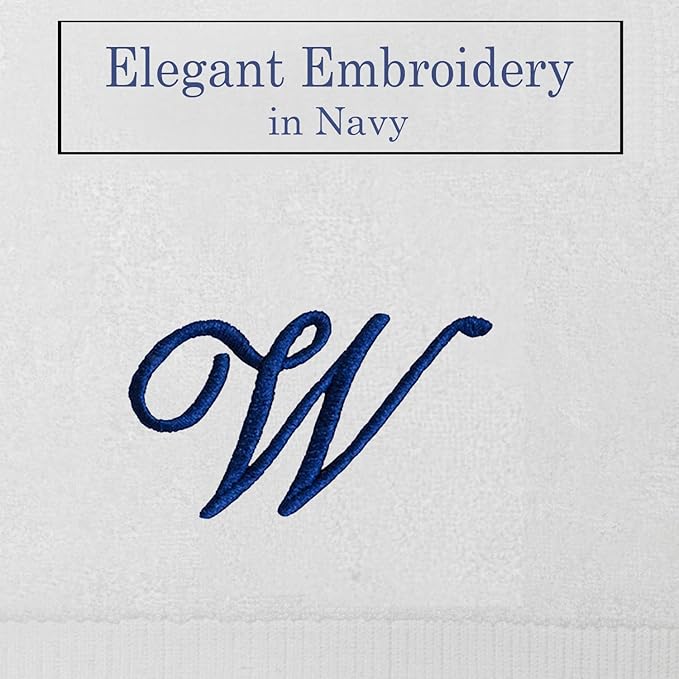 White Monogrammed Hand Towels for Bathroom - Luxury Hotel Quality Personalized Initial Embroidered Towel for Powder Room, Spa - GOTS Organic Certified - Set of 2 Navy Letter W