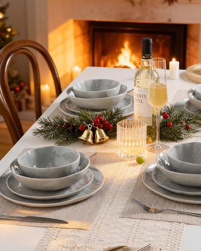 Famiware Porcelain kitchen plates and bowls set, Modern dishes set for 6, Handmade Wave Edge Dinnerware Sets, Microwave and Dishwasher Safe Tableware, Sleek Grey (24pc)