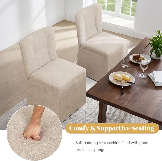 Modern Dining Chairs Set of 4, Upholstered Kitchen Table Chairs, Linen Dining Room Chairs with Metal Frame, Khaki