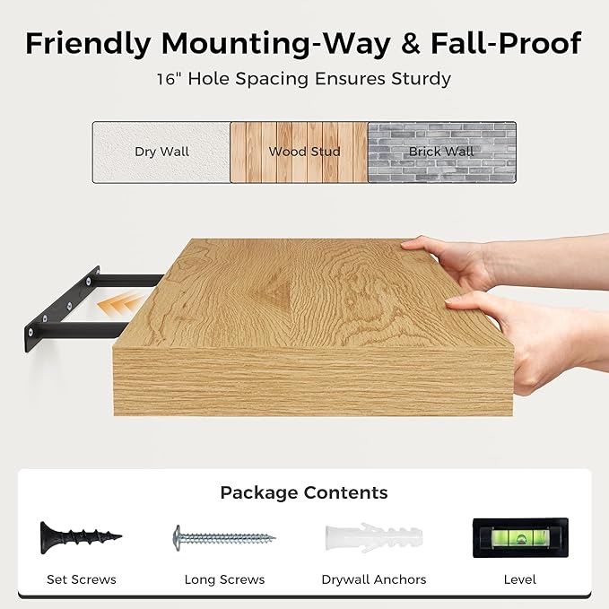 12 Inch Deep Floating Shelves, 16 x 12 Floating Shelf for Books, Rustic Wood Deep Wall Shelves for Home Storage & Display, 2" Thicked Shelves for Kitchen, Living Room, Bedroom, Oak Color, 2 Pack