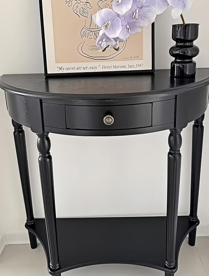 Solid Wood Console Table with Drawer, Semi-Circle Entryway Storage Shelf, Half-Moon Porch Table Side Elegant Vintage Sofa for Living Room (Black (39.4" L x 15.7" W x 34.4" H))