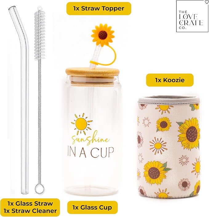 Sunflower Gifts for Women - Glass Tumbler with Lid and Straw, Customized Straw Stopper and Cup Sleeve. Aesthetic Unique Design Iced Coffee Gift Cup for Mom, Teacher, Friend
