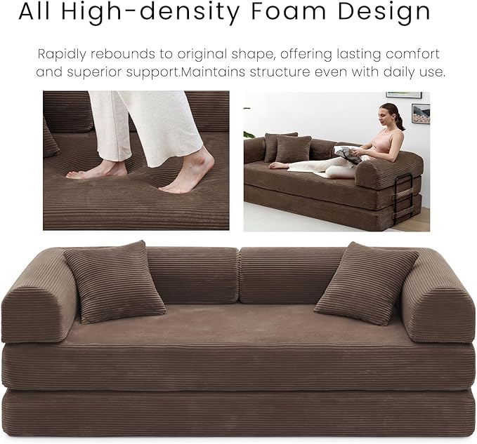 Compression Sofa - 79'' Convertible Sofa Bed, Boneless Couch in a Box, Modular Corduroy Foldable Sleeper Sofa with 2 Pillows, Loveseat Couches for Living Room (Corduroy Fabric, Brown)