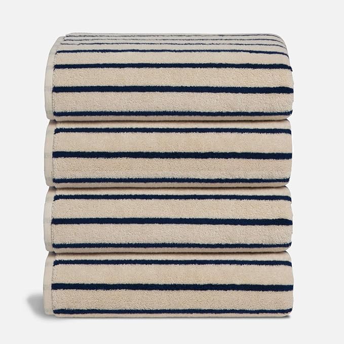 Brooklinen Super-Plush Turkish Cotton Bath Towels - Set of 4 - Cotton, 820 GSM, Highly Absorbent, Machine Washable, Perfect for Home & Bathroom (30" x 58", Striped Navy)