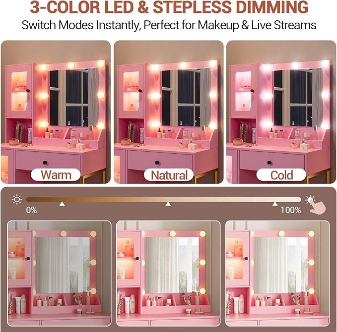 Vanity Desk with Mirror and Lights, Makeup Dressing Table w/Adjustable Bulbs, Outlets & USB Ports, Sturdy MDF Top & Metal Leg, Smart Storage Drawers & Cabinets for Bedroom