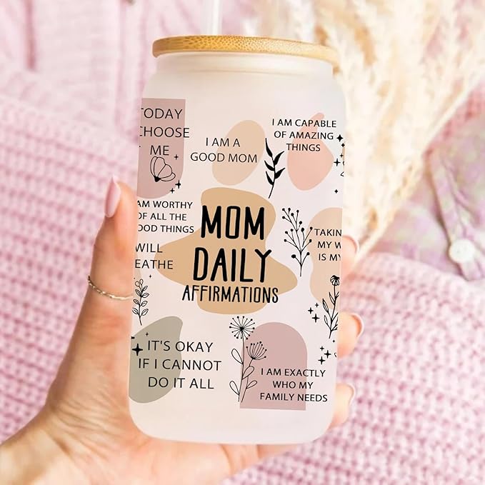 Mom Gifts from Daughter Son, Gifts for Mother Birthday, Gifts for Mom 16oz Glass Cup with Lid and Straw, Thank You Mom Gift Ideas, Christmas Gifts for Mother Stepmom