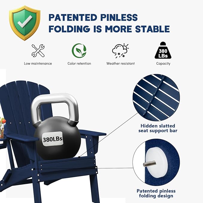 Plawdlik Folding Adirondack Chair, SGS Tested, Wooden Textured with Cup Holder, Heavy All-Weather HDPE Comfortable Set Poolside Backyard Lawn Navy Blue