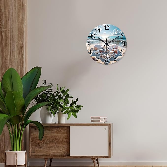 XNM Round Wall Clock Battery Operated 14 Inch Blue Beach Shell Analog Wall Clock for Kitchen Coastal Glass Clock Silent
