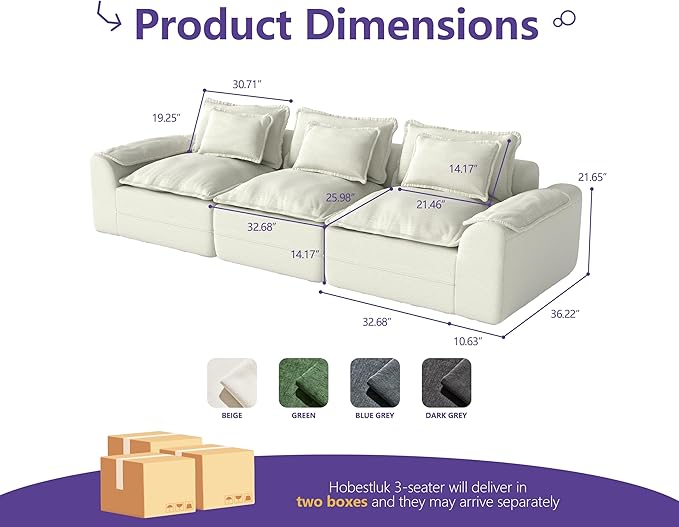 Hobestluk 120" Cloud Sectional Couch 3-Seater Sofa with Deep Seat Modular Sofa with Removable Cover Large Sofa Couch for Living Room (Beige, 3-Seater Sofa)