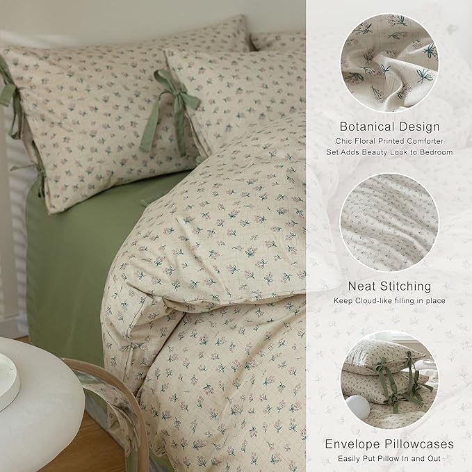 EAVD Garden Style Small Floral Comforter Set Queen Fluffy Soft Microfiber Chic Shabby Floral Bedding Set with 2 Pillowcases Reversible Cute Botanical Comforter Set for All-Season