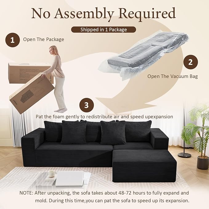 INGEROOM 108" Cloud Sectional Couch with L-Shape Chaise, Modular Sofa Memory Foam, Boneless Sofa with Movable Ottoman, Plush Corduroy Memory Foam Couch for Living Room, No Assembly, Black