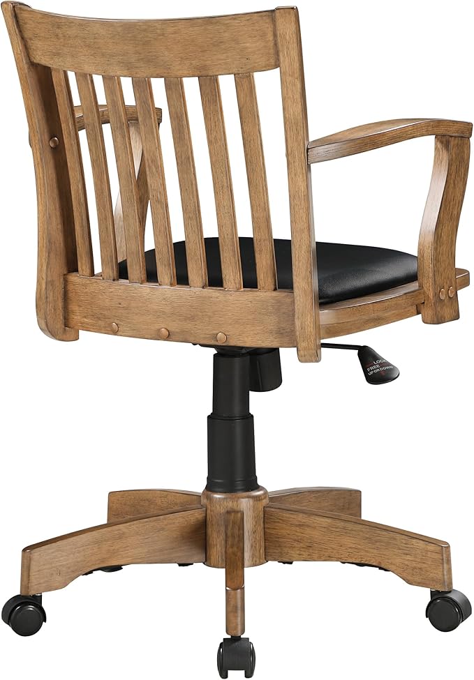 OSP Home Furnishings Deluxe Wood Banker's Desk Chair with Padded Seat, Adjustable Height and Locking Tilt, Fruitwood Finish and Black Vinyl