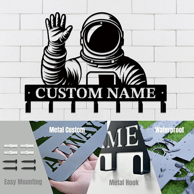 Personalized Custom Astronaut UFO Metal Wall Keys Hooks,Clothes Hooks Astronaut Art coat racks,door holder,Black Astronaut decorations for home,Entrance doors,Hallway, Bedroom,Keys,Hats (Style H)