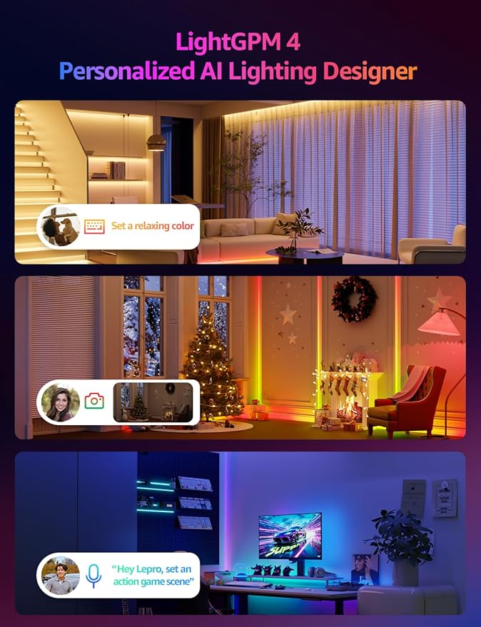 Lepro S1 AI LED Strip Lights for Christmas Decorations, 16.4ft Smart RGB Light Strips with IC and Rainbow Chasing Effects, Personalized Al Lighting Designer, No Remote, 2.4GHz Wi-Fi & Bluetooth