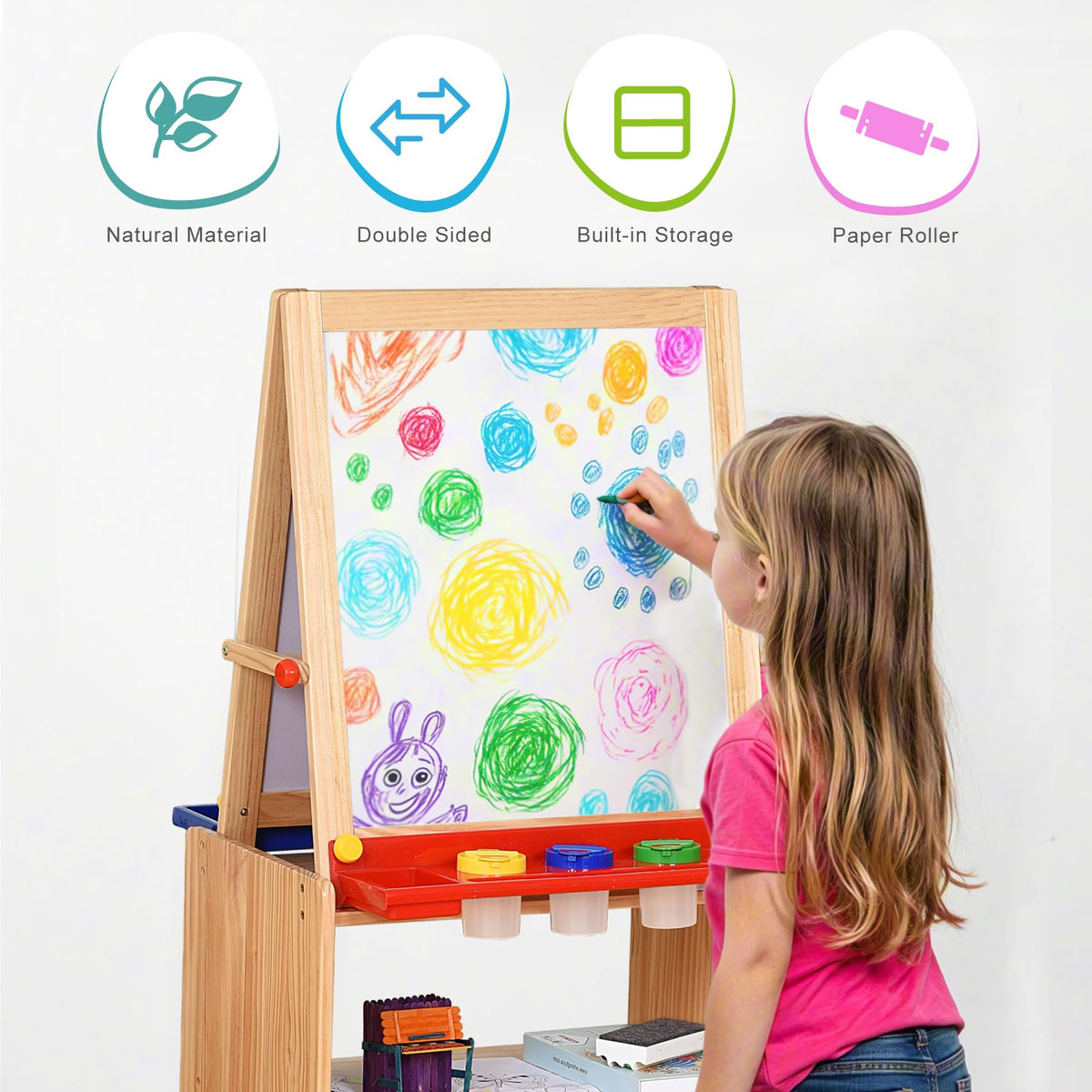 Bolocon Wooden Kids Double-Sided Magnetic Art Easel w/ 2-Tier Storage Shelf