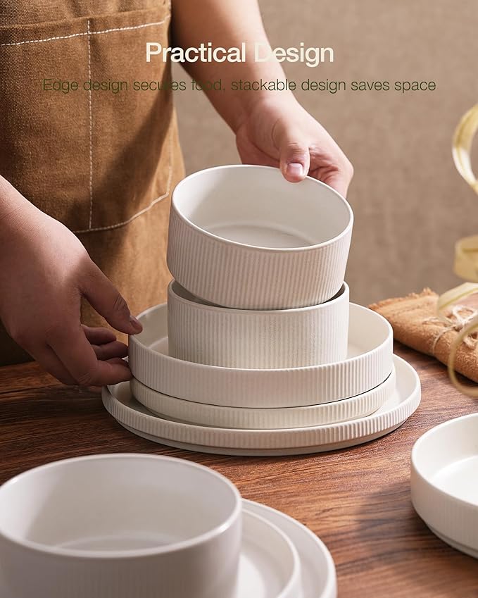 famiware Star Plates and Bowls Sets, Modern Stoneware Dinnerware Sets for 6, 18-Piece Kitchen Dish Set - Chip and Scratch Resistant, Microwave and Dishwasher Safe Tableware, Matte White