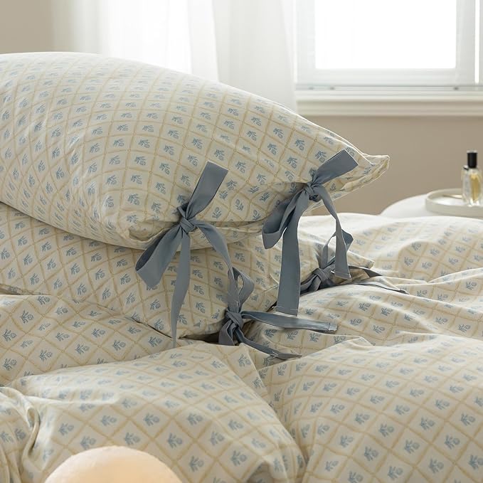 Blue Flower Duvet Cover Queen Chic Plaid Grid Print 100% Cotton Floral Bedding Set Cottagecore Flower Comforter Cover Vintage Country Bedding Aesthetic Floral Duvet Cover with 2 Bow Ties Pillowcases