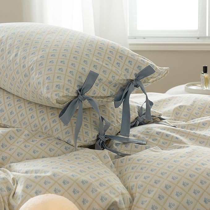 Blue Floral Duvet Cover Twin Soft Cotton Garden Style Floral Bedding Comforter Cover Plaid Grid Design Vintage Blue Flower Duvet Cover with 2 Bowknot Pillowcases Botanical Cottagecore Bedding Set