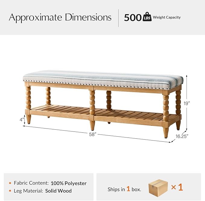 HULALA HOME Entryway Bench with Soild Wood Shelf, 58" Upholstered Shoe Storage Bench with Spindle Legs, Nailhead Trim Detail for Bedroom, Living Room, Hallway, Strip